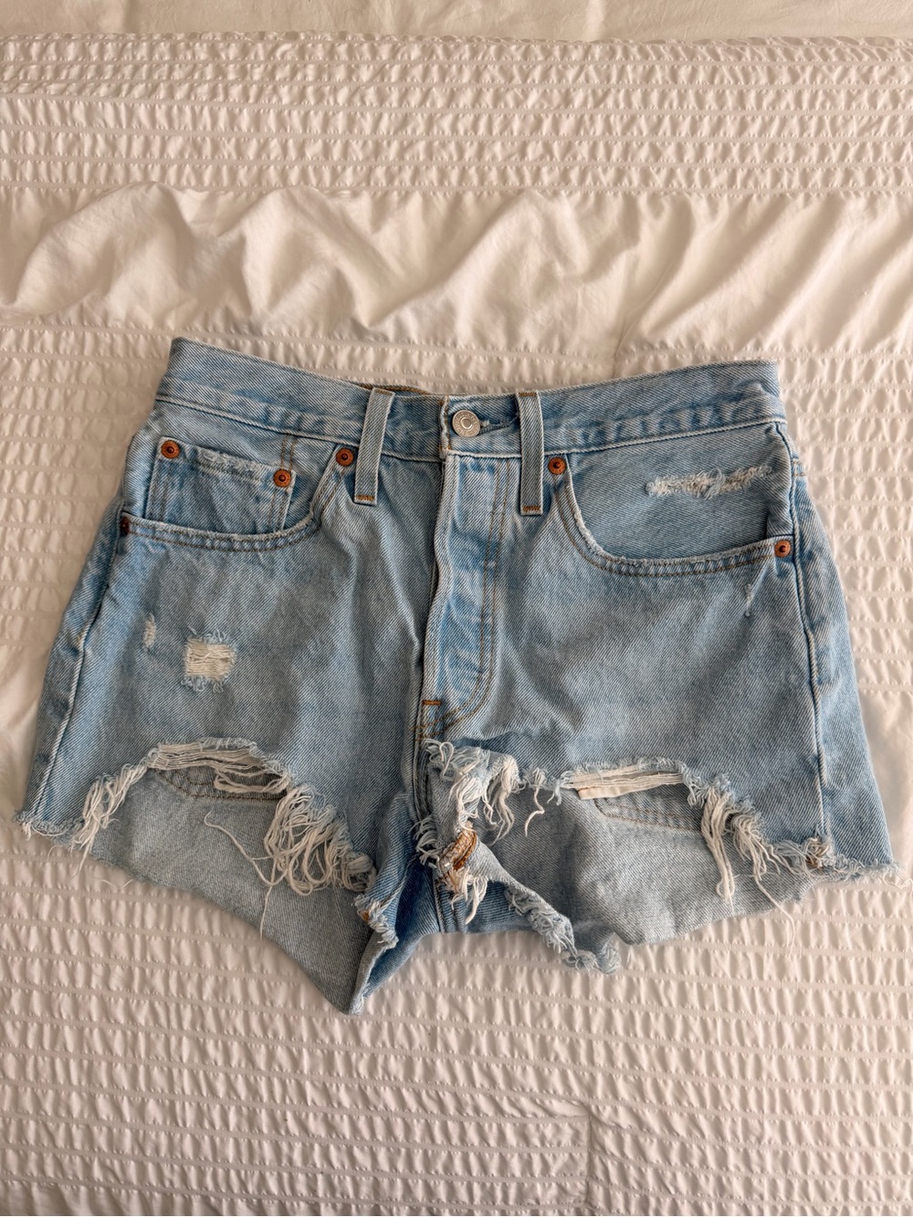 Levi's Light Blue Distressed Ribcage Cutoff Denim Shorts